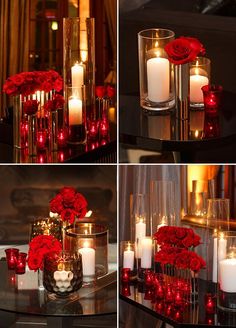 red roses and candles are arranged in glass vases on a table with other decorations