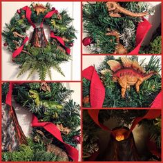 several pictures of wreaths with dinosaurs and trees around them, including an antelope