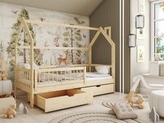 a child's room with a bed, dresser and toy animals on the floor