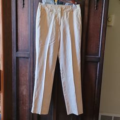 Zipper Button Pants, 100% Linen, Length 41", Inseam 32", Waist 14.5", Tan Color, Lined. Color Might Be A Bit Different Due To The Camera And Lighting. Classic Mid-rise Work Pants For Spring, Classic Mid-rise Work Pants, Beige Linen Bottoms With Button Closure, Fitted Linen Pants With Button Closure, Classic Mid-rise Beige Pants, Classic Beige Mid-rise Pants, Classic Beige Mid-rise Bottoms, Fitted Beige Work Pants For Spring, Beige Fitted Straight Leg Work Pants