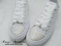 "Beautiful and Romantic wedding sneaker are a perfect accessories for your Special day..These Wedding White Monochrome Converse Sneakers , are embellished with White Lace fabric . White Satin Ribbon shoe lace for tying ... Lace is available in white , Ivory , Champagne , Blush This Chuck Taylor All Star Monochrome Low Top runs a half-size large. Handmade to order, so please allow me enough time before your wedding date. Orders are processed and shipped within 5-6 WEEKS of payment., large orders Wedding Converse Shoes, Lace Converse, Wedding Sneakers For Bride, Ribbon Shoe Laces, Converse Wedding, Bridal Converse, Converse Wedding Shoes, Ribbon Shoes, Wedding Converse