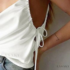 Lasaky - Stylish Backless Halter Top with Drawstring Loose Fit Sleeveless Camisole Backless Halter Top, Vest Style, Loose Fabric, Spaghetti Strap Top, Cowl Neck Top, Vest Fashion, Tie Top, Summer Trends, Summer Outfits Women