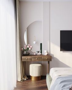 a bedroom with a bed, desk and television on the wall next to a window