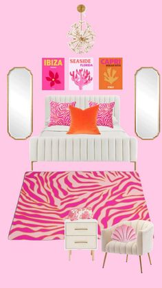 a pink and white bedroom with zebra print on the bed, mirror, chair, table, and two mirrors