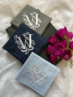 "Your choice of monogram/s embroidered on a set of 3 coordinating Gray, Navy and light blue 100% cotton Handkerchiefs. This listing is for 3 personalized handkerchief, perfect for the guy in your life. These handkerchiefs are made with soft 100% cotton. Each soft to the touch handkerchief measures about 15\" x 15\". When ordering please let me know the following: -Initial/s >please note - you may choose a 3 letter monogram, but the smaller letters on either side will be in a different coordinati Personalized Handkerchief, 3 Letter Monogram, Blue Handkerchief, Embroidered Handkerchief, Embroidered Initials, Letter Monogram, 3 Letter, S Monogram, Blue Embroidery