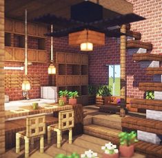 a living room filled with lots of furniture and plants in front of a brick wall