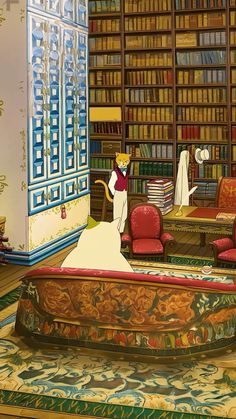 a painting of a woman in a room with many bookshelves and couches