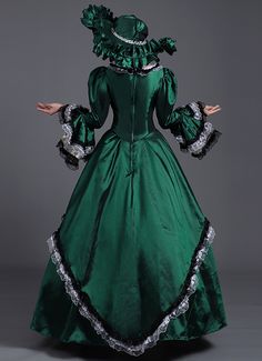 Green And Blue Rocco Baroque Revolutionary Dress Renaissance Reenactment Theater Costume     Condition: Brand New   Color:  As Picture   Material: Satins And Lace   Silhouette: Ball Gown   Sleeve Length: Long Sleeve   Dresses Length:Floor-Length   Neckline: Square-Collar   Decoration: Lace   Style: Vintage     Includes: Dress + Hat     More Detail: About 45 inches (114 cm) long from waist to hem regardless of size. This dress is pictured with a 4-hoop skirt underneath to achieve the look. H Masquerade Party Dresses, Gothic Victorian Dresses, Hoop Skirt, Party Dresses Online, Theatre Costumes, Dress Hat, Long Sleeve Dresses, Gowns With Sleeves, Historical Costume