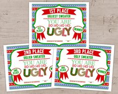 three christmas coupons with the words you're ugly and two ribbons on them