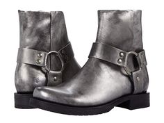 Frye Veronica Harness Short - Women's Boots : Silver Full Grain Metallic : With every step comes style and comfort when you wear Frye Veronica Harness Short booties! Upper, lining, and insole made of leather material. Side zip and snap button strap over upper closure. Round-toe silhouette. Synthetic outsole. Imported. Measurements: Heel Height: 1 1 4 in Weight: 1 lb 6 oz Shaft: 5 in Platform Height: 1 2 in Product measurements were taken using size 8.5, width B - Medium. Please note that measure Leather Boots With Patina For Fall, Short Booties, Frye Veronica, Boots For Short Women, Summer Clearance, Branded Bags, Biker Boot, Leather Material, Women's Boots