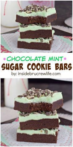 chocolate mint sugar cookie bars stacked on top of each other