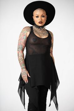 LILITHS BLOOD.- Soft, flowing stretch mesh.- Statement pentagram strap detail.- Hanky hem.- Long line.- Fitted.Model is 5ft 7 and wears size M.with KILLSTAR branding, 88% Polyester 12% Elastane. Tunic Vest, Hanky Hem, Pastel Goth, Yin Yang, Mesh, Branding, How To Wear, Clothes, Black