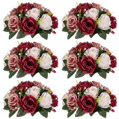 four different bouquets of red and white roses