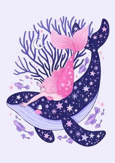 a pink mermaid sitting on top of a blue whale with stars and seaweed in the background