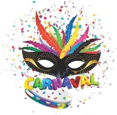 a carnival mask with confetti and streamers on the side that says carnival