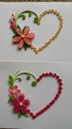 two pieces of paper that have been made to look like heart shaped flowers and beads