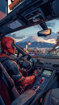 the interior of a car with a deadpool driving