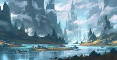 an image of a fantasy landscape with mountains and water