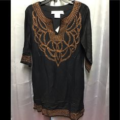 Black Dress With Brown Embroidery Traditional Black Dress For Fall, Elegant Embroidered Brown Dress, Elegant Brown Embroidered Dress, Casual Black Embellished Dresses, Brown Embroidery, Ruffle Neck Dress, Performance Dresses, Blue And White Dress, Blouson Dress