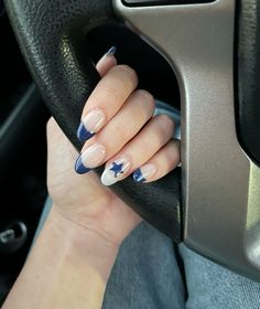 star nails, navy french tip Trendy Dark Blue Nails, Nails Star French Tip, Nails For New York City, Star Ring Finger Nails, Stars Nail Art Designs, Nails White French Design, Blue Glitter French Tip Nails Almond, Navy And White Nail Ideas, Nails With Star On Ring Finger