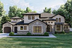 this is an artist's rendering of the front elevation of a modern home with stone and stucco accents