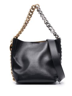 Stella McCartney Frayme Bucket Bag - Farfetch Formal Tote Shoulder Bag With Chain Strap, Modern Bags With Chain Strap And Double Handle, Modern Double Handle Bag With Chain Strap, Chic Bucket Bag With Silver-tone Hardware And Double Handle, Designer Leather Bag With Chain, Designer Top Handle Bag With Chain, Designer Leather Bags With Chain Detail, Designer Leather Bag With Chain Detail, Chic Bucket Shoulder Bag With Chain Strap