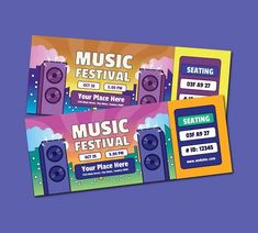 two tickets for music festival with sound speakers on the front and back side, in bright colors