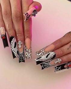 Short Halloween Nail Designs Black, Spooky Nails Acrylic Coffin, Halloween Baddie Nails, Spooky Sets, Nail Suggestions, Holloween Nails, Spooky Nails, Acrylic Ideas