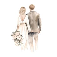 a watercolor painting of a bride and groom looking at each other while holding hands