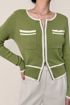 One Size: Length:19.5",Shoulder:13.8",Bust:33.1"-34.6",Sleeve:22.4" This waffle-knit style is spun for a relaxed fit from wool-blend. It features a round neckline, front two-way zip fastening, two patch pockets, long sleeves, and contrasting trim. Fit Type: Regular Fit How it Fits: No Stretch Fabric: 80% Polyester 20% Wool Care Instructions: 1.Hand Wash 2.Do not bleach 3.Dry flat in shade 4.Iron cool (max 110℃) 5.Dry clean, tetrachloroethylene(PCE) only Please note: The images represent actual product though color of the image and product may slightly differ.SKU: 2203FD0019GNF Waffle Knit Long Sleeve Sweater For Workwear, Long Sleeve Waffle Knit Sweater For Work, Green Long Sleeve Ribbed Cardigan, Spring Green Textured Knit Cardigan, Spring Waffle Knit Sweater, Spring Crew Neck Cardigan With Pockets, Spring Ribbed Cardigan For Work, Long Sleeve Waffle Knit Cardigan, Spring Ribbed Knit Outerwear