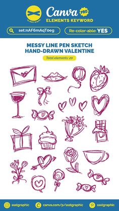 an image of a bunch of hand - drawn valentine items on a white sheet with blue border