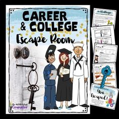 a poster with the words career and college escape room written on it next to an image of two people