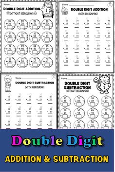 the double digit addition and subtraction worksheet is shown in three different colors