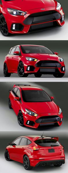 three different views of the front and side of a red car