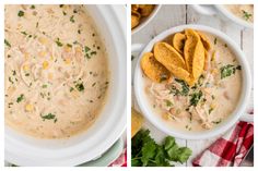 two pictures showing different types of food in white bowls and on top of each other