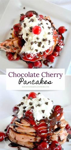 chocolate cherry pancake with whipped cream and cherries on top, served in a white plate