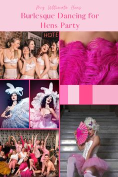 a collage of photos with the words burlesque dancing for hens party