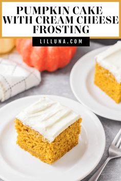 pumpkin cake with cream cheese frosting on two white plates