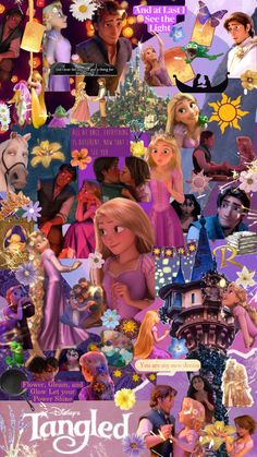 the tangled princesses collage is shown in purple