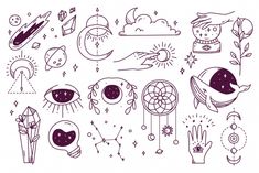 hand drawn doodles with different symbols and things in the space, including stars, planets