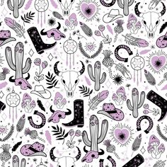 an abstract pattern with cactus, flowers and other things in black and purple colors on a white background