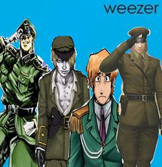 some anime characters standing next to each other in front of a blue background with the word weezer on it