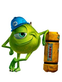 a green cartoon character leaning on a yellow fire hydrant