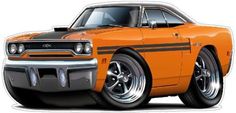 an orange muscle car with black stripes on it's hood and front bumpers