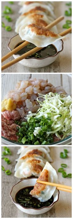 three pictures showing different types of food being served on plates with chopsticks in them