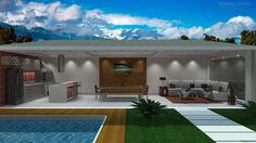 a 3d rendering of a house with a pool