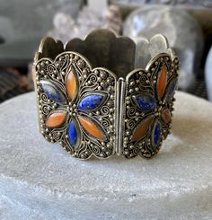 Art Nouveau Old Chinese Silver Gilt Copper Lapis Carnelian Antique Bracelet Bracelet measures 7 inches long Traditional Orange Bracelet Jewelry, Traditional Orange Bracelet, Traditional Orange Bangle Bracelets, Traditional Orange Bangle Bracelet, Usa Jewelry, Antique Bracelets, Handcrafted Necklace, Chinese Art, Chain Link Bracelet