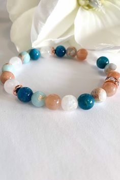 Sunstone Crystal, Sunstone Bracelet, Stone Bracelets, Jasper Bracelet, Light Aqua, Hematite Beads