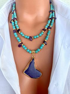 Turquoise and Amethyst Layered Necklace Set with Variscite Pendant Blue Beaded Necklaces With Gemstone Accents For Gift, Handmade Blue Amethyst Jewelry, Spiritual Amethyst Jewelry In Blue, Spiritual Amethyst Blue Jewelry, Spiritual Blue Amethyst Jewelry, Blue Amethyst Necklace With Gemstone Accents, Handmade Blue Amethyst Necklace, Blue Beaded Amethyst Jewelry, Turquoise Amethyst Necklace With Natural Stones