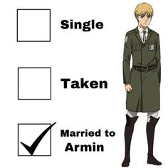 a man in uniform standing next to a check box with the words'single taken married to armin '